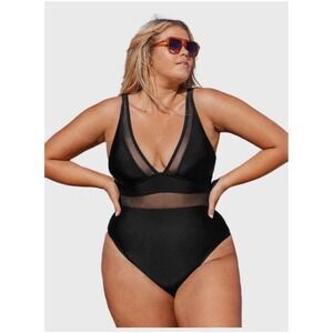 Cupshe Black Mesh V‎ Neck One Piece Swimsuit Plus Size 0X Tummy Control